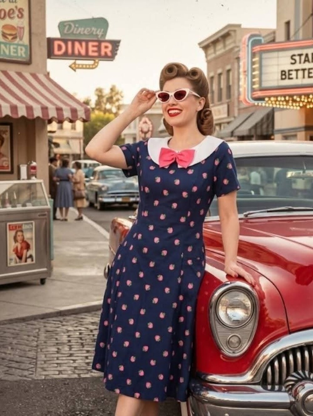 Vintage-Inspired Navy Dress with Pink Bow
